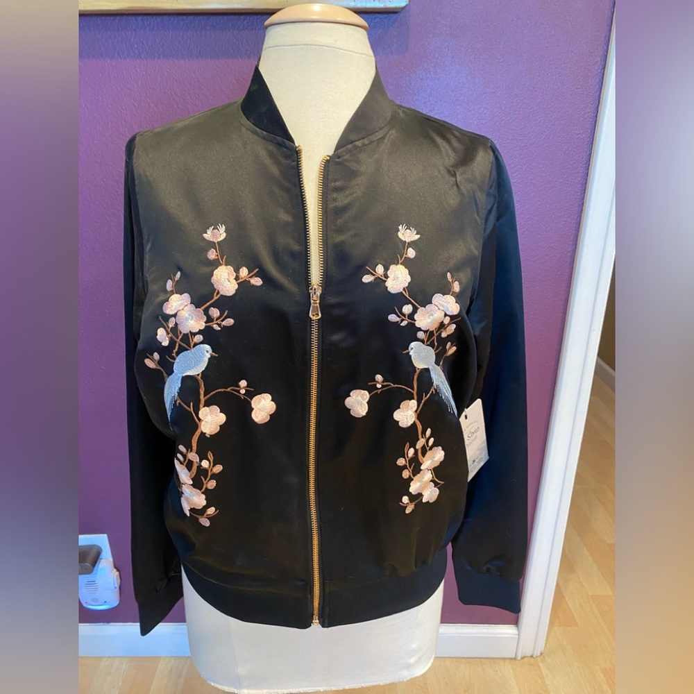 NWT black embroidered bomber jacket.